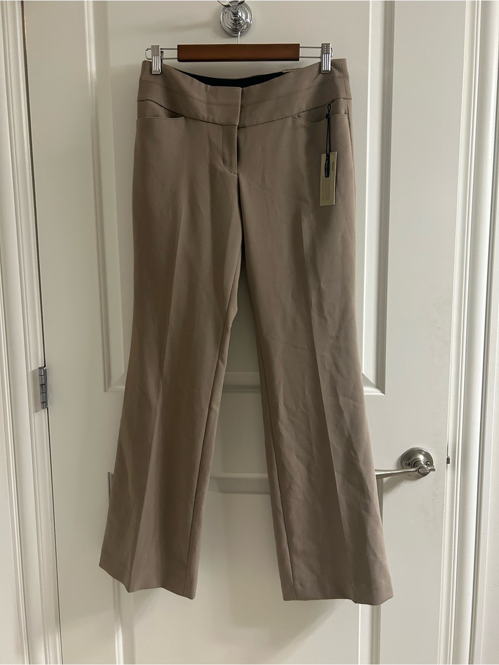 Express Editor Flared Wide Waistband Pants in Taupe